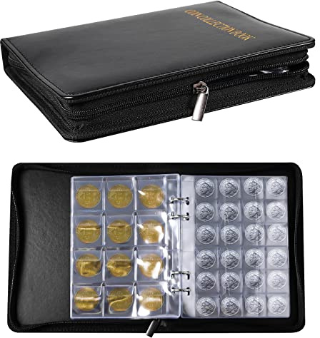 SAVITA 20 Pagine/360 Tasche Album Collezione Monete, Tasca 3cm/4cm Pelle Libro Collezione Monete con Cerniera Raccoglitore Collezione Monete Album Collezione Penny per Collezionisti Monete (Nero)