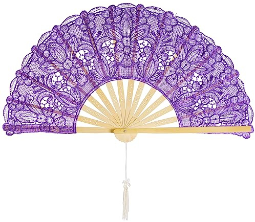 choyaxo Faltbare Handfächer aus Baumwolle mit Spitze, Besticktes Blumenmuster, Handfächer für Kostüm, Hochzeiten, Tanzpartys, DIY, Braut-Handfächer (lila)