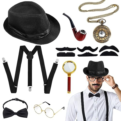 Disfraz Años 20 Hombre, Accesorios de hombre de 1920 Con Sombrero Gafas Tirantes Pajarita Lupa Pipa Reloj de Bolsillo y Bigote, Disfraz Años 20 Hombre Gangster para Carnaval Mascarada Halloween