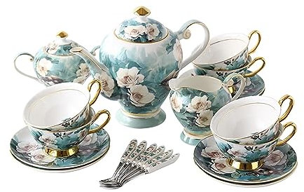 YIORYO 15-Piece Porcelain Coffee Pot Sets, Fine Bone China Tea Set, Cups & Saucer & Spoons Service for 6, Exquisite Afternoon Tea Porcelain Sets with Sugar Bowl & Cream Pitcher