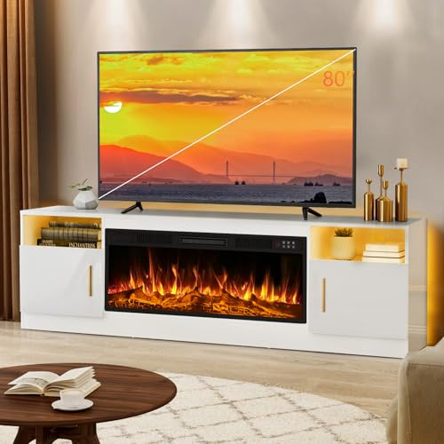 Lemberi Fireplace TV Stand with 36 Electric Fireplace, Fits TVs Up to 80, 70 LED Lit Entertainment Center, Modern High Gloss Wood with Spacious Storage Cabinet for Living Room, White