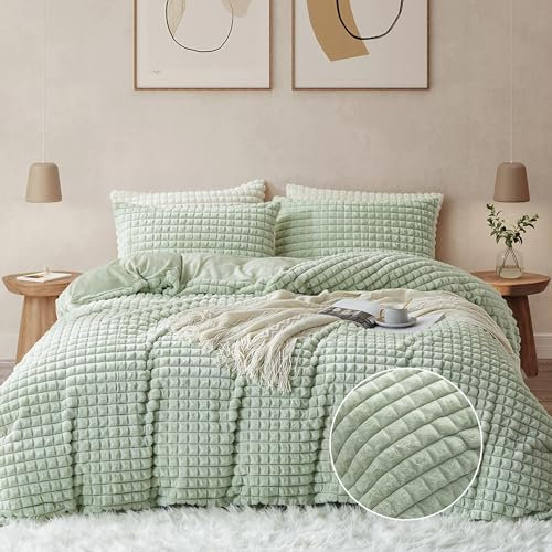 Nyescasa Plüsch Bettwäsche 155x220 Grün Warme Winter Flauschig Flanell Biber Wendebettwäsche Langhaar Kunstfell Deckenbezug Fleece Cashmere Touch Bettbezug mit Reißverschluss und Kissenbezug 80x80cm
