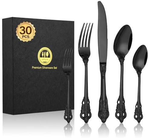 BEWOS 30 Stück Schwarz Mattiert Palast Besteck Set, Hochwertig Edelstahl Besteck, Geprägte Design-Griffe, Bankett Essbesteck, Atemberaubend Poliert & als Geschenk Verpackt, Spülmaschinenfest