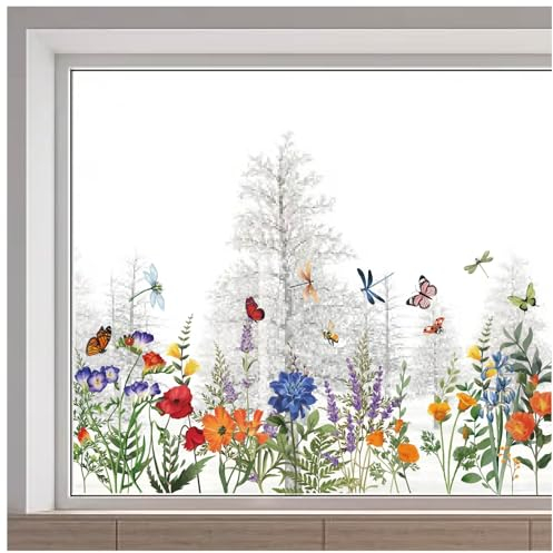 GORGECRAFT 40x118 cm Farfalla Fiore Vetrofania Floreale Vetrofania Primavera Estate Libellula Anti Collisione Fiore Selvatico Pellicola per Finestra Statica per Decorazione Vetrina in Vetro