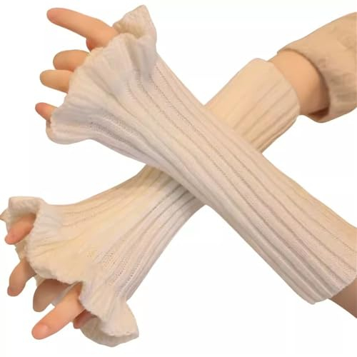 SLEDEZ Warmer Strick-Armwärmer Warme Handschuhe for Damen mit Holzohrrand und Strickärmeln (Color : White, Size : 30cm)