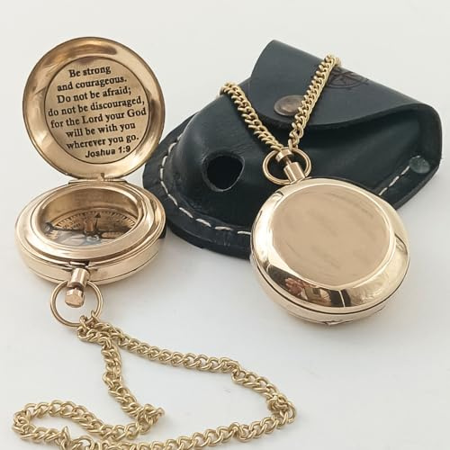 DAYOL'X Joshua 1:9 Gravierter Messing-Kompass zum Öffnen – Kommunion, Konfirmation, Taufe, Geschenke für Jungen, religiöse Geschenke für Männer, Maritime Taschenuhr