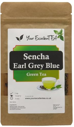 Sencha Earl Grey Blue Green Tea (50g) China Loose Leaf - Chinese Leaves with Bergamot Oil and Cornflowers, Crisp Refreshing Pan-Fried Clean Balanced Floral Smooth Citrusy, Closed in Resealable Pouch