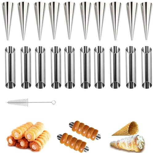 YanBous Set de 20 Formes à en Acier Inoxydable, Moules pour Cornets à Crème, Inclus Brosse de Nettoyage, Accessoires de Pâtisserie pour Cornes de Gâteau