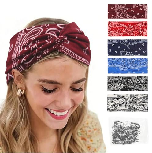 6 Stück Mehrfarbige Breite Boho Haarbänder für Damen Frauen Mädchen | Elastisches, Weiches Material mit Print, Als Kopftuch Oder Stirnband Tragbar, Passend für Yoga, Sport, Sommer Und Alltag