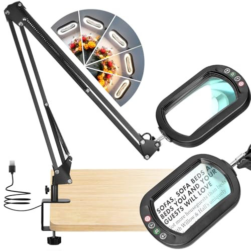 Veemagni 10X Rechteckige Lupe mit Licht und Klemme, 2 * 16 Zoll große Schwenkarm LED lupenlampe mit licht, 5 Farbmodi stufenlos dimmen, Hände frei tischlupe mit Beleuchtung für Handwerk Lesen Malerei