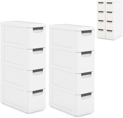 KOMFOTTEU Schmaler Nischenschrank auf Rollen, Rollschrank mit 4 Schubladen, Rollwagen Nischenregal platzsparend, Ordnungswagen Schubladenschrank für Küche Badezimmer, Weiß (4 Schubladen, 2 Stück)