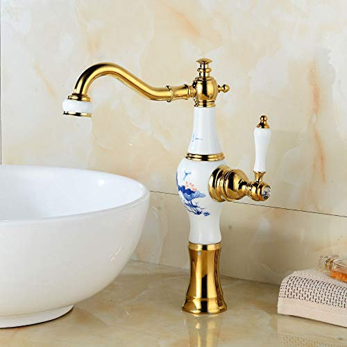 ABNNHK Golden Basin Faucet Bathroom Sink Faucet Retro Bathroom Cold and Hot Water Mixer Rotary Jade Faucet Ceramic Single Handle Belt Aerator Rotary
