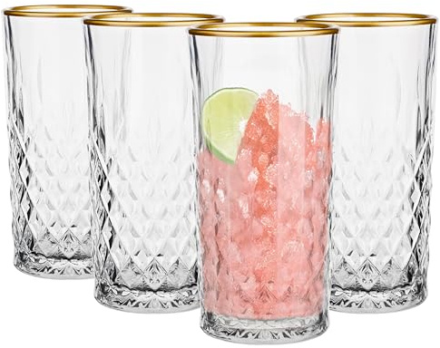 Glasmark Krosno Gläser 4er Set 0,3 Liter Cocktailgläser Cocktail Trinkgläser Wassergläser Spülmaschinenfest Kindergläser Glasses Kleine Gläser Saftgläser Goldrand 4 x 300 ML