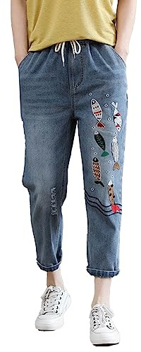 Pantalones de 3 cuartos de longitud para mujer, informales, cómodos, con bordado literario, elásticos, cintura alta, pantalones de corte para mujer, pantalones de mezclilla recortados para mujer,