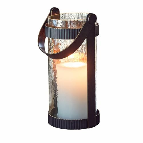 LOBERON Laterne Uvelie, Gehämmerte Oberfläche, Robuster Rahmen, für Innen & Außen, Rustikale Dekoration, Kerzenhalter, Windlicht, Eisen, Glas, antikbraun/klar
