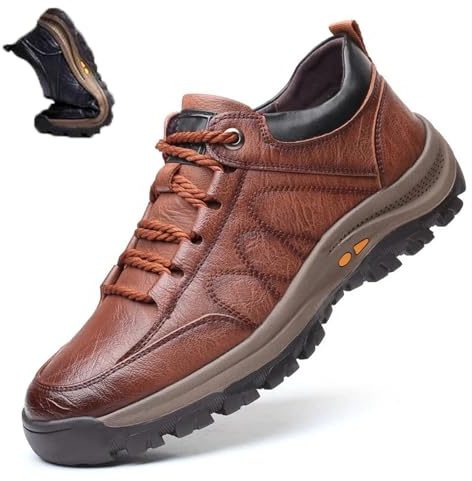 Nbzsmlkn Hand-stitched Leather Shoes,Men Hiking Shoes Arch Support Anti-Fatigue Anti Slip Shock Warm Running Boots,Men's Comfortable Orthopedic Leather Sneakers with Arch Support (Brown,9)
