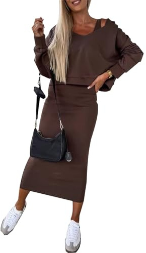 Agiyenna Abito da Donna in Due Pezzi Senza Maniche Maxi Gonna Lavorata a Maglia+Pullover a Maniche Lunghe Off Shoulder Abito Semplice Autunno e Inverno Abito Casual Top Ampio e Vestito Aderente Sexy