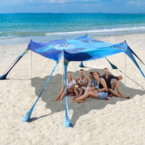 Rhino Valley Beach Tent, 10x10 FT Beach Shade UPF50+ Protection,Beach Canopy with 8 Sandbags 4 Stability Poles,Outdoor Beach Tent Sun Shelter Umbrella for Sand,Camping,Fishing Essentials, Blue Turtle