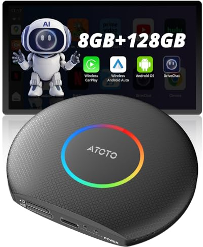 CB6 CarPlay AI Box, Wireless CarPlay &Android Auto mit/YouTube, AI Dongle mit GPS, Android 13, 4G LTE, 5G Wi-Fi, Dual Bluetooth, SIM-und TF-Karte, OTA-Upgrade, 8G+ 128G, Schwarz