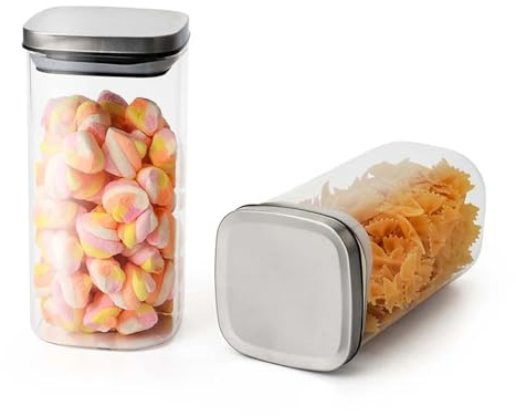 Avilia Set 2 Barattoli 1,2L 10x15,5x10cm - Vetro Borosilicato Resistente e Coperchi in Acciaio Inox - Chiusura Ermetica in Silicone - Adatti per Microonde e Lavastoviglie - Resiste da -20°C a +150°C