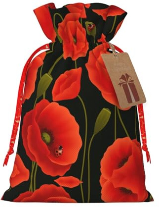 HJLUUFT Jutebeutel mit Mohnblumen-Druck, Weihnachtsgeschenktüte mit Kordelzug und Geschenkanhänger, Hochzeit, Weihnachten, Partygeschenk