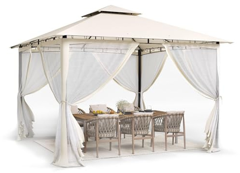 UDPATIO Pavillon 2,75x2,75m Wasserdicht Stabil Winterfest, Gartenpavillon mit Doppeldach, Moskitonetz und Metallrahmen, Doppeldach Gartenlaube für Garten, Terrassen, (Creme)