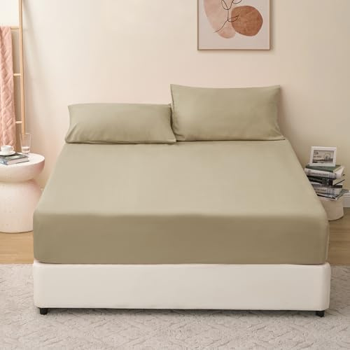 RUIKASI Spannbettlaken 140x200cm Khaki Bettlaken - Oeko Tex Spannbetttuch 140x200 Bettbezug, Mikrofaser Betttuch Bett Laken Bezug 140 x 200 40 cm Tiefe Tasche, Bed Fitted Sheet Bedsheet