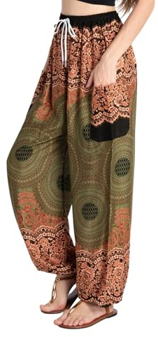 Tranquil Threads Women's Harem Pants with Pockets and Drawstring, Hippie Boho Yoga Clothes XS Dark Rose Green