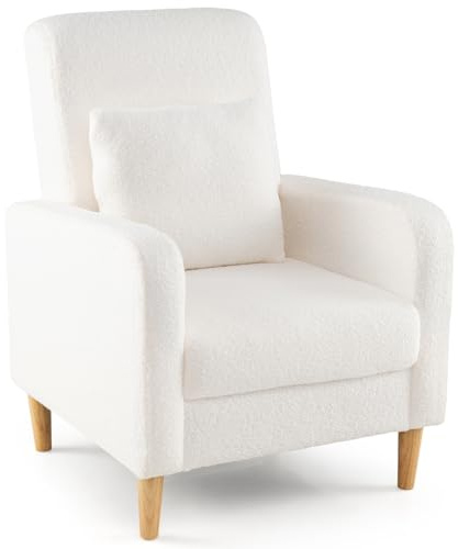 COSTWAY Fauteuil Rembourré avec Coussin Lombaire, Revêtement en Laine d'ours en Peluche, Pieds en Bois de Caoutchouc, Fauteuil à Oreilles pour Salon, Chambre, 76 x 69 x 92 cm, Blanc