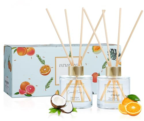 Rumsdoft 2 x 100 ml – kokosnöt/orange, med 6 doftpinnar aromaterapi diffusor, Home doft reed diffuser luftrenare för sovrum kontor badrum hylla dekor