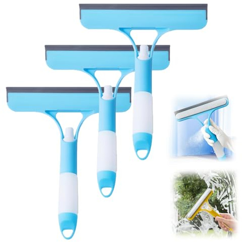 Window Squeegee, 3 in 1 Window Cleaning Scraper, with Spray Bottle, Shower Windows Squeegee Glass Cleaning Tool, for Car, Bathrooms, Home, Kitchen Windows (3, Blue)