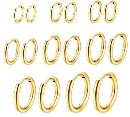 YAWYO Set med 7 par guldfärgade örhängen i rostfritt stål, Hoops för kvinnor och män (6 mm, 8 mm, 10 mm, 12 mm, 14 mm, 16 mm, 18 mm, 20 mm)