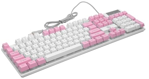 MOLUCKFU Tastiera da Gaming 104 Tasti Rosa in Abs Retroilluminazione | Tasti Sospesi, Supporto Pieghevole, Layout Ergonomico, Collegamento Cablato per Computer