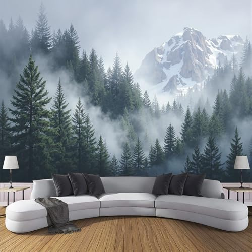 JSCWDET Papel Pintado Pared Bosque Siempreverde Brumoso 300 × 210 cm Fondo De Pantalla Panorámico Paisaje Forestal Natural Papel Tapiz Decoración De Pared Para Sala De Estar Dormitorio, Verde