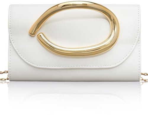 Larcenciel Bolso Mujer Blanco, Elegante Bolso Cuero de Mano con Asa Dorado, Vintage Clutch de Noche de Piel con Cadena Desmontable, Moda Bandolera Carteras de Mano para Boda Fiesta Cóctele, 22x12x5CM
