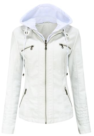Chaqueta de piel sintética con capucha desmontable para mujer, conjunto de 2 piezas, abrigo de motociclista con forro polar cálido y sudadera de punto, blanco, L