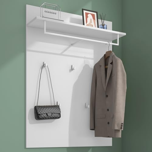 Mai & Mai Garderobenpaneel Wandgarderobe mit Ablage Kleiderstange | Wandpaneel mit 5 90° Haken, Hutablage, Garderobenboard, Flurgarderobe, 108x78x21,6cm, Matt Weiß, Gabo-01