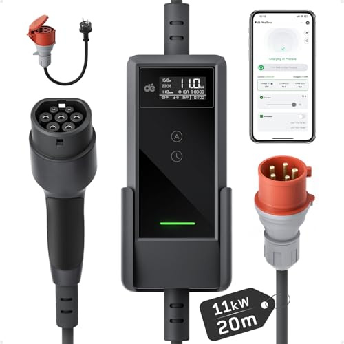 dé Mobil laddbox på 11 kW med app (20 m, 3-fas, 6–16 A), laddkabel för elbil, CEE 16 A/400 V till Typ 2 med justerbar laddeffekt, elbilsladdare för ID.3/4/5/7, IX1, Model 3/Y och andra BEV/PHEV