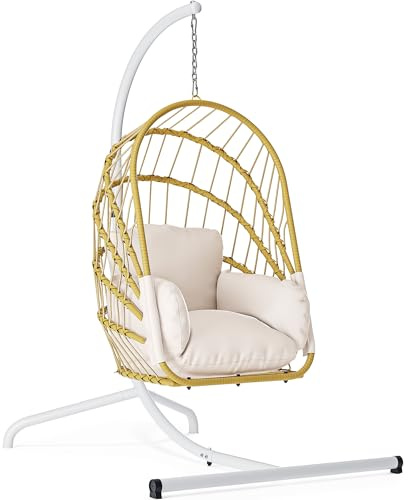 YITAHOME Hängesessel mit Ständer, Rattan-Korb Schaukelstuhl mit strapazierfähiger Polsterung, 160 kg Tragfähigkeit, Klappbarer Hänge-Korbstuhl für Terrasse, Garten, Schlafzimmer, Balkon (Hellbeige)