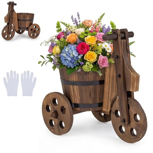 HOMASIS Carro Portamacetas de 3 Ruedas Macetero Madera con Drenaje y Guantes Forma Barril Decoración Jardín Interior Exterior para Balcón (47 x 32 x 43,5 cm)