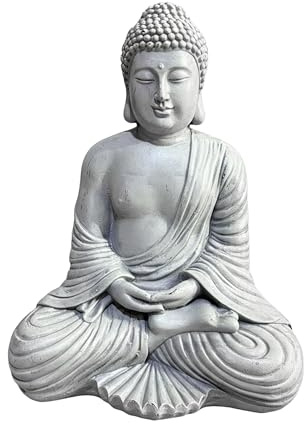 Relaxdays Statue de Bouddha Assis, 42 cm, déco Jardin et Salon, résistante aux intempéries, Gris Clair