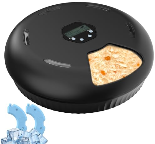 Lafisun Futterautomat Katze Nassfutter, 6 Mahlzeiten Nassfutterautomat für Katzen mit 2 Kühlakkus, Programmierbarem Timer, Katzenfutter Automat Nassfutter(Black)