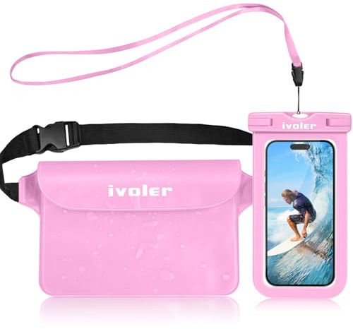 iVoler Kit Impermeabile con Borsa Marsupio e Custodia Smartphone IPX8 per Sport Acquatici Pesca Vela Sci Mare Escursione, Protezione per Cellulare Portafoglio Documenti - Rosa