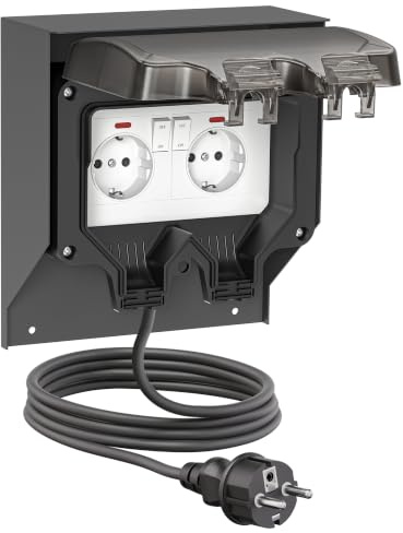 ledscom.de Steckdose POXO für außen und 2m Kabel, IP65, 2-fach, Edelstahl, anthrazit/schwarz, eckig, 20 cm