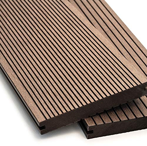 Mondesi WPC Terrassendielen Massiv - Komplett-Set Dunkelbraun | 9 m² (3m x 3m) Holz-Brett Dielen | Boden-Fliesen + Unterkonstruktion & Clips | Balkon Boden-Belag + rutschfest + witterungsbeständig