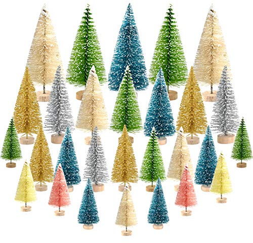 KUUQA 36Pcs Multicolor Mini Sisal Trees - Bottle Brush Pine With Wood Base - Snow Frosted Winter Ornaments for Christmas Decorations, Tabletop, Diorama Models