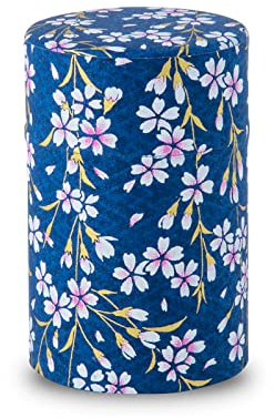 Scatola di latta per tè giapponese (carta Yuzen Washi), 99.2 g, con coperchio interno ermetico e a prova di umidità, barattolo da cucina per caffè a foglia sfusa (Sakura of Kyoto/Navy )