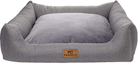 Ferocity Hundebett waschbares Hundesofa mit Rand und Wendekissen, Hundekissen aus Cordura und Samt, Grau und Flachs 85x70 [123]