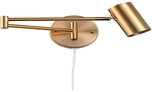 BarcelonaLED Applique da parete con braccio snodato orientabile dorato e cavo con spina e interruttore lampada da lettura attacco E27 per salone camera da letto tavolo da notte testiera
