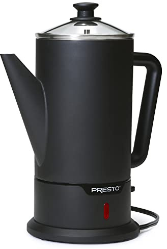 Presto 02815 Percolador de café inalámbrico de acero inoxidable de 12 tazas, diseño moderno, boquilla fácil de verter, mango que se mantiene fresco, negro mate